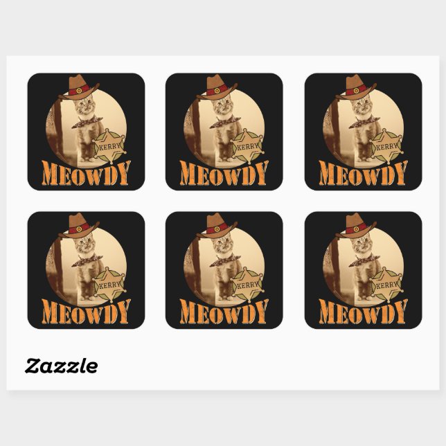 Meowdy Texan Cat Cowboy Sheriff Personalised Square Sticker (Sheet)