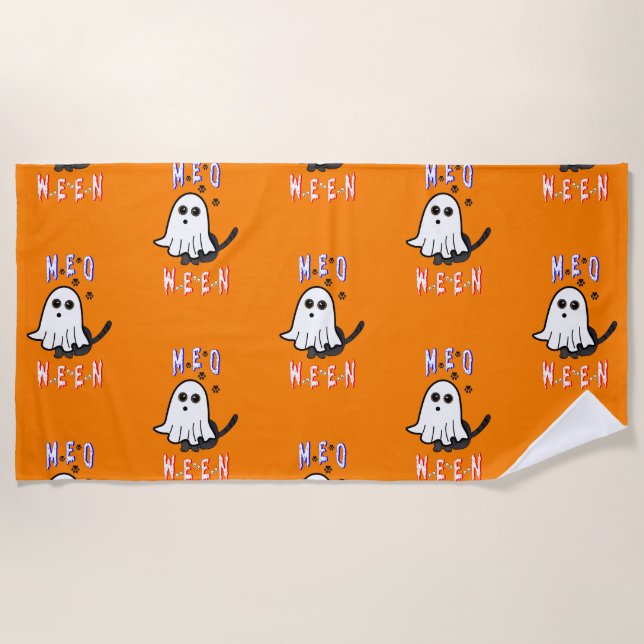 Meoween Ghost Kitten 31 Cat USA October Halloween Beach Towel (Front)