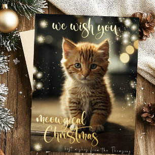 meowgical christmas gold pet cat photo  foil holiday postcard