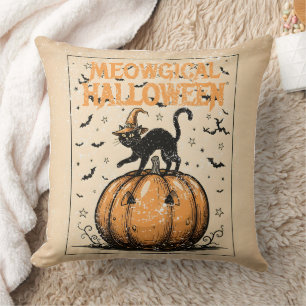 Meowgical Halloween Black Cat Vintage Throw Pillow