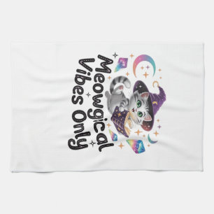 Meowgical Vibes Only, Floating Kawaii Witch Cat Ov Tea Towel