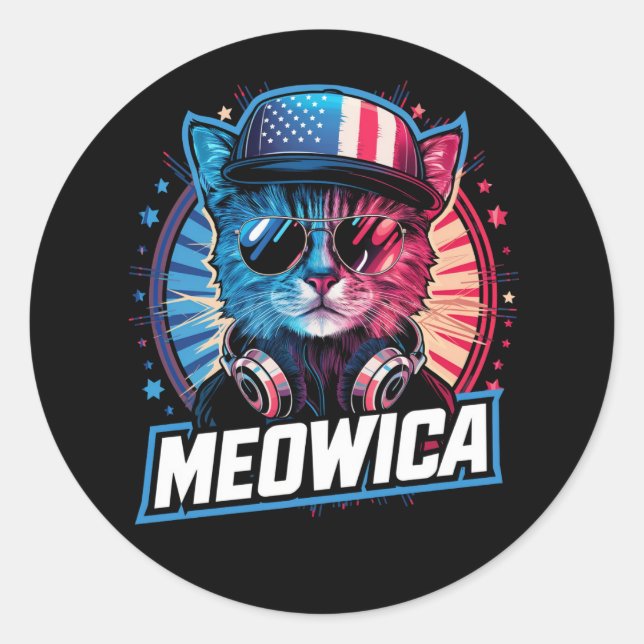 Meowica 4th of July Cat American Flag America USA Classic Round Sticker (Front)