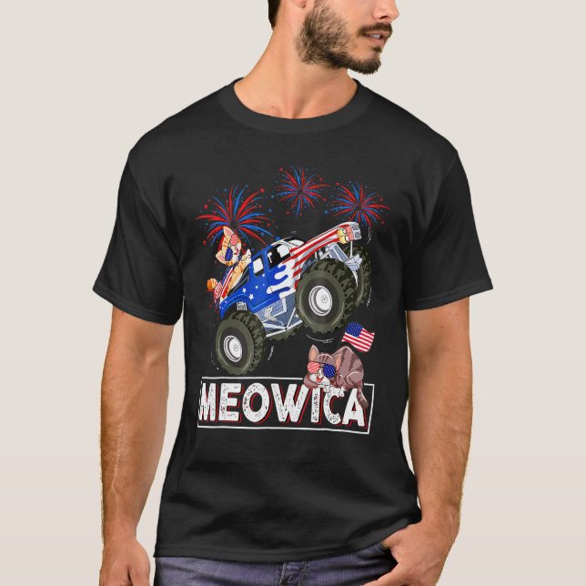 Meowica 4th Of July Cats Monster Trucks American F T-Shirt (Front)