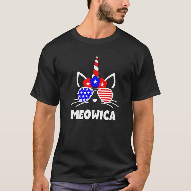 Meowica 4th Of July Unicorn Cat Us Flag Sunglasses T-Shirt (Front)