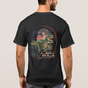 Meowica American Flag Cat Riding T Rex Dinosaur T-Shirt