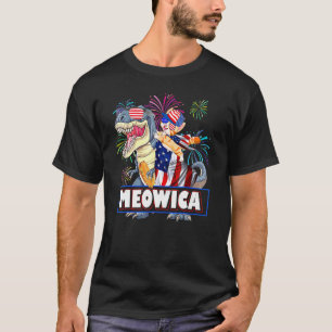 Meowica Cat Dinosaur Patriotic 4th Of July America T-Shirt
