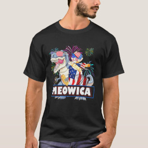 Meowica Cat Dinosaur Patriotic 4th Of July Firewor T-Shirt