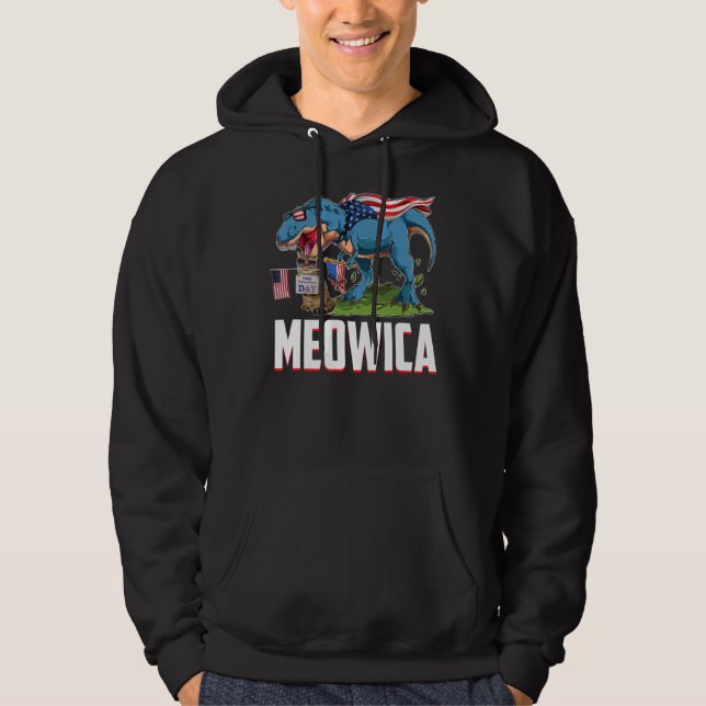 Meowica Cat Rex Dinosaur 4th Of July American Flag Hoodie (Front)
