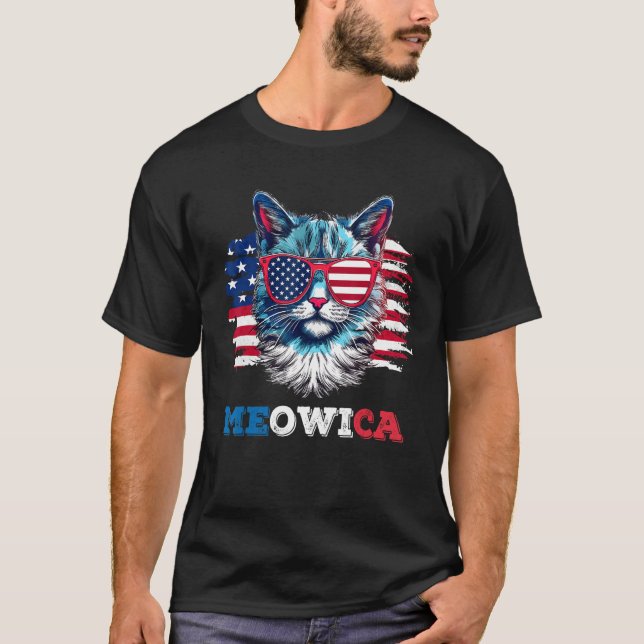 Meowica Cat Sunglasses American Flag USA Cat 4th o T-Shirt (Front)