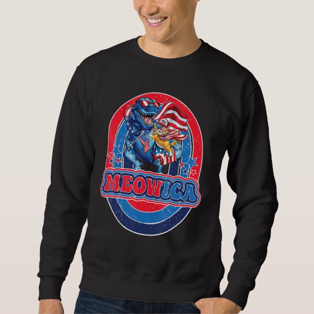 Meowica Cat T Rex Dinosaur 4th Of July American Fl Sweatshirt (Front)
