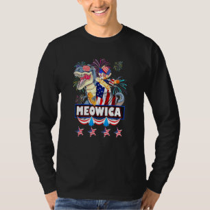 Meowica Cat T-Rex Dinosaur 4th Of July American Fl T-Shirt