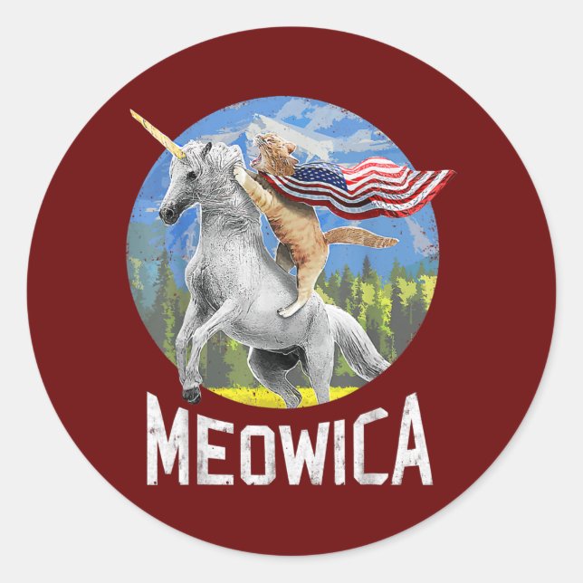 Meowica Unicorn Cat American Flag Patriotic 4th Classic Round Sticker (Front)