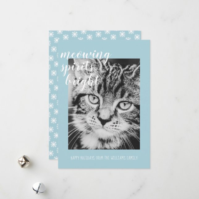 Meowing Spirits Bright Your Cat Photo Holiday Card (Front/Back In Situ)