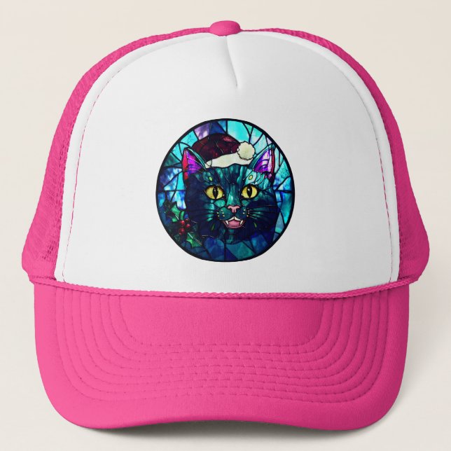 Meowing Stained-Glass Christmas Black Cat Trucker Hat (Front)