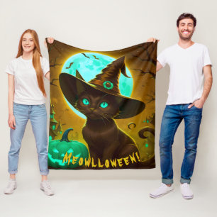 Meowlloween Golden Cat Purple Green Pumpkin Moon Fleece Blanket