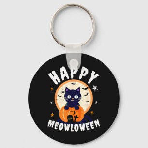 Meowloween Black Cat Pumpkins Happy Halloween Key Ring