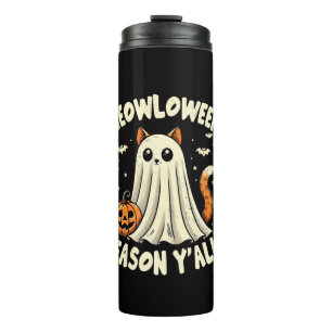 Meowlowween Season Y'all Funny Retro Cat Ghost Hal Thermal Tumbler