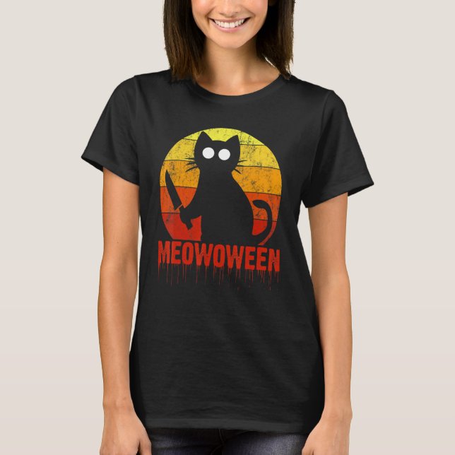 Meowoween Halloween Cat Gory Bloody Horror Scene T-Shirt (Front)