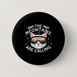 Meowtains Are Calling Funny Cat Skiing Retro Sunse 6 Cm Round Badge