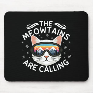 Meowtains Are Calling Funny Cat Skiing Retro Sunse Mouse Pad