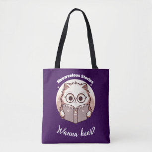 Meowvelous Stories Cute Reading Cat Tote Bag