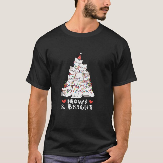 Meowy And Bright Christmas Cat Tree Merry Christma T-Shirt (Front)