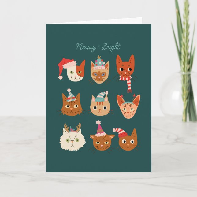 Meowy and Bright Christmas Cats Green  Holiday Card (Front)