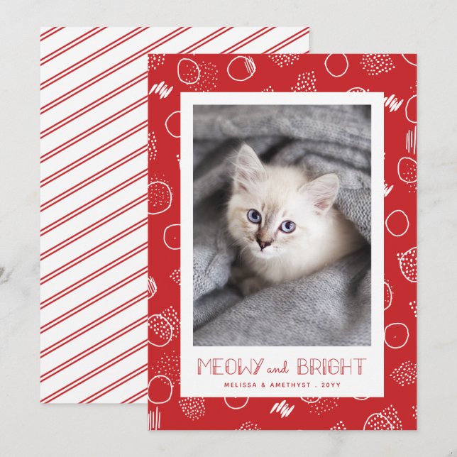 Meowy and Bright | Red | Pet Photo Holiday Card (Front/Back)