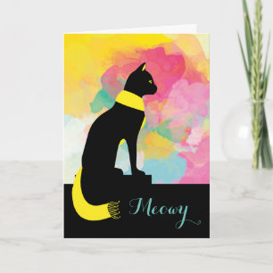 Meowy Black Cat in Yellow Scarf Saying Hello Card