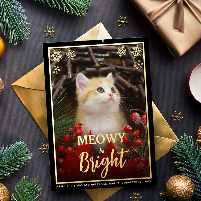 Meowy & Bright Cute Cat Photo & Snowflakes Pet Foil Holiday Card (Creator Uploaded)
