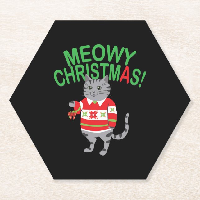 Meowy Cat Christmas Paper Coaster (Front)