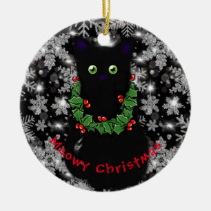 Meowy cat Christmas red green Holly wreath Ceramic Ornament