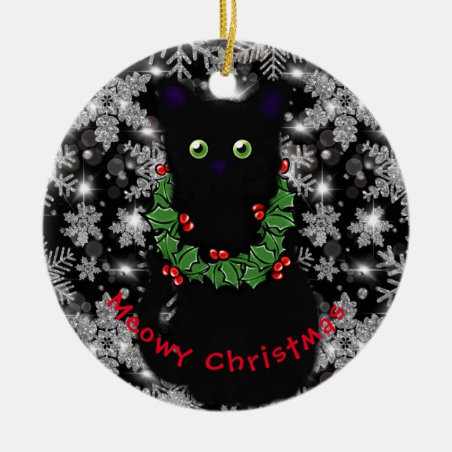 Meowy cat Christmas red green Holly wreath  Ceramic Ornament (Front)