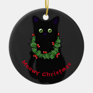 Meowy cat Christmas red green holly wreath Ceramic Ornament