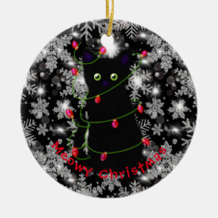 Meowy cat Christmas red green twinkle lights Ceramic Ornament