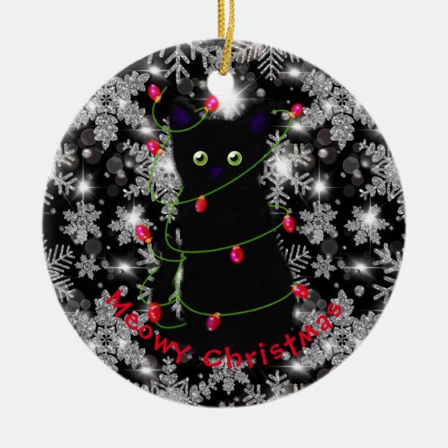 Meowy cat Christmas red green twinkle lights Ceramic Ornament (Front)