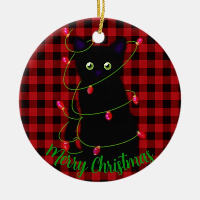 Meowy cat Christmas Red plaid holly berries Ceramic Ornament (Front)