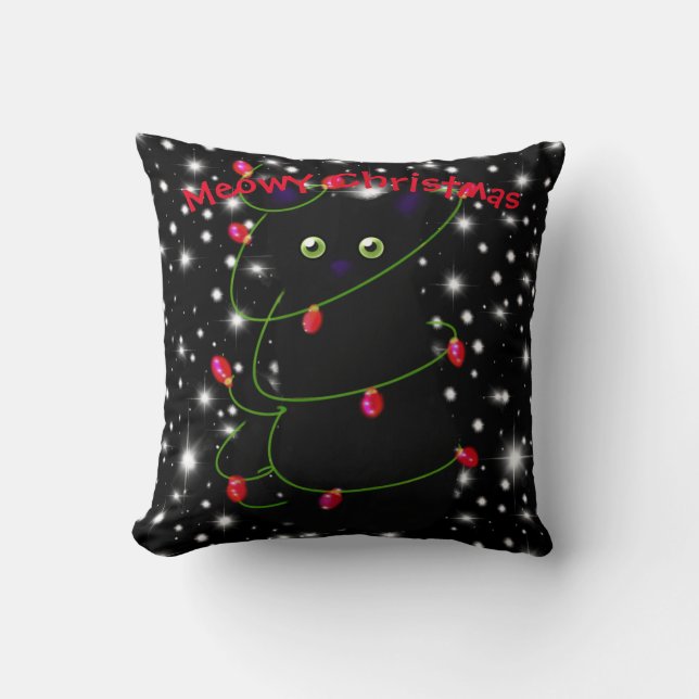 Meowy cat Christmas red twinkle lights stars Cushion (Front)