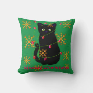 Meowy cat Christmas sparkling gold snowflakes Cushion