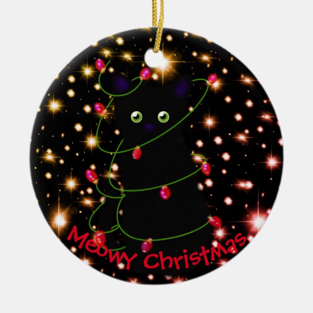 Meowy cat Christmas Twinkle lights Ceramic Ornament (Front)
