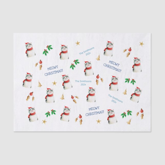 Meowy Cat Cute Personalised Christmas Tissue Paper (Front)