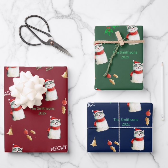 Meowy Cat Festive Personalised Christmas Wrapping Paper Sheet (Front)
