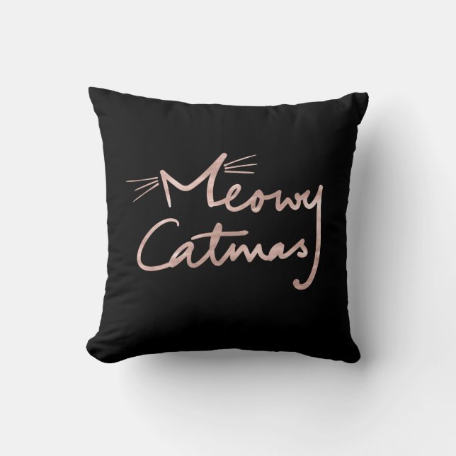 Meowy Catmas Black and Rose Gold Cat Christmas Cushion (Front)