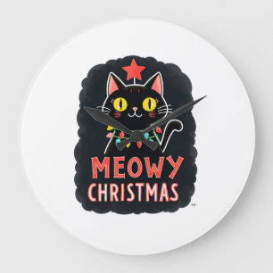 Meowy Catmas Cat Christmas Cute Kitten Cats Santa  Large Clock