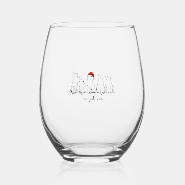 Meowy Catmas Cat Christmas Cute Kitten Cats Santa  Stemless Wine Glass (Front)