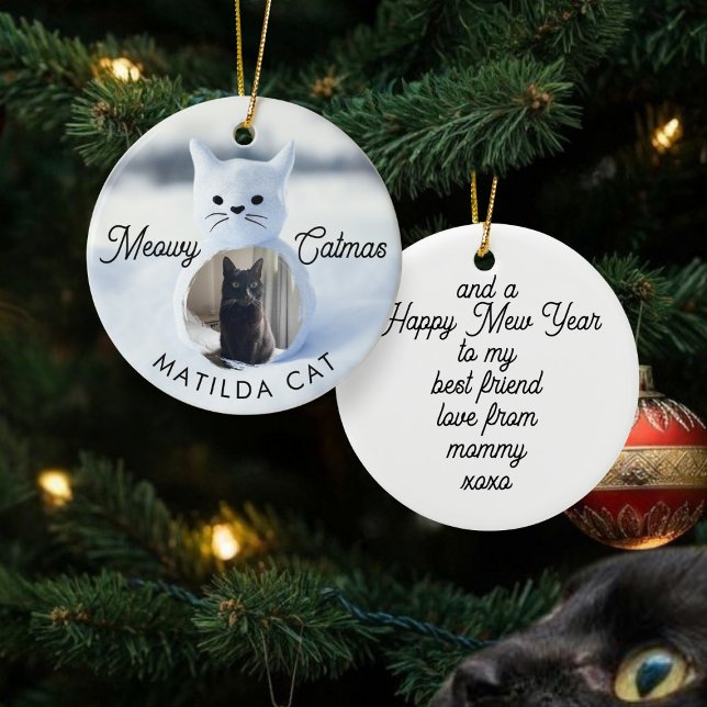 Meowy Catmas Cat Christmas Holiday Ornament (Meowy Catmas! Upload your best friend's photo and add their name and a message to this cute ornament)