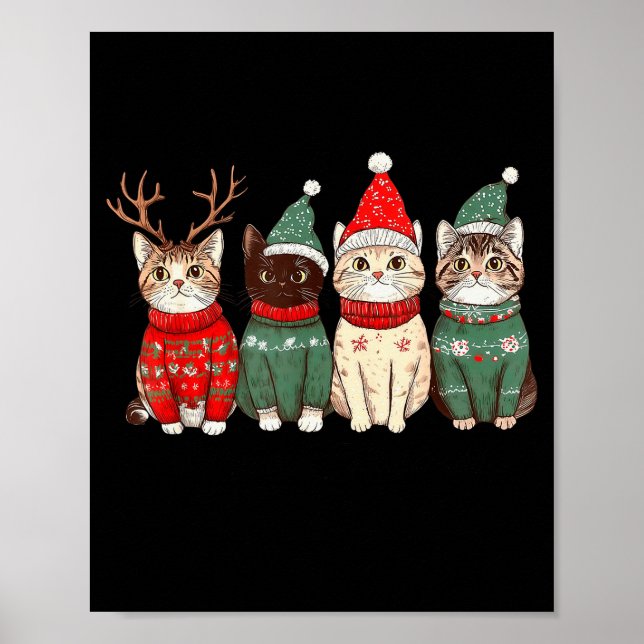 Meowy Catmas Cat Christmas Lights Xmas Pyjamas Cat Poster (Front)