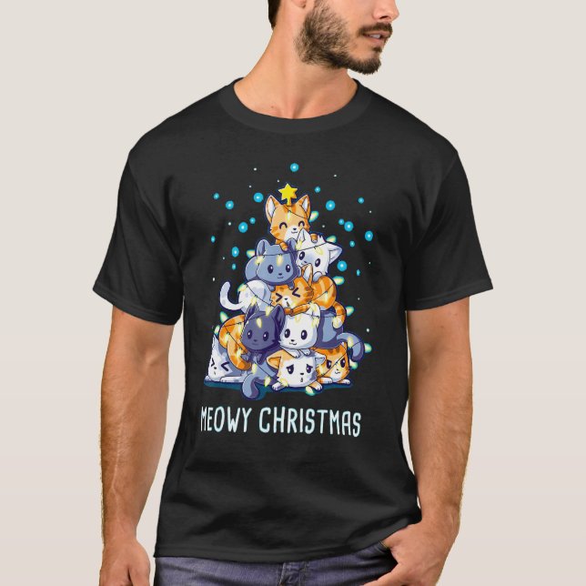 Meowy Catmas Cat Christmas Tree Lights Cat  Xmas P T-Shirt (Front)