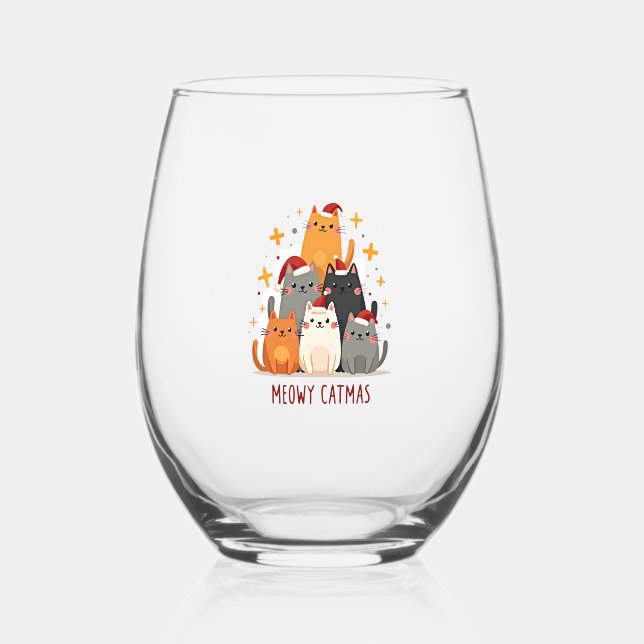Meowy Catmas Cat Christmas Tree Xmas (1) Stemless Wine Glass (Front)