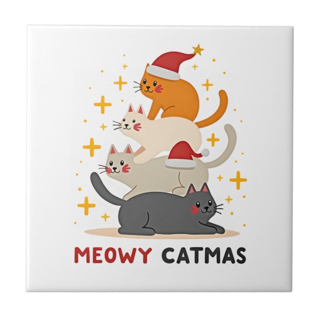 Meowy Catmas Cat Christmas Tree Xmas (2) Ceramic Tile (Front)